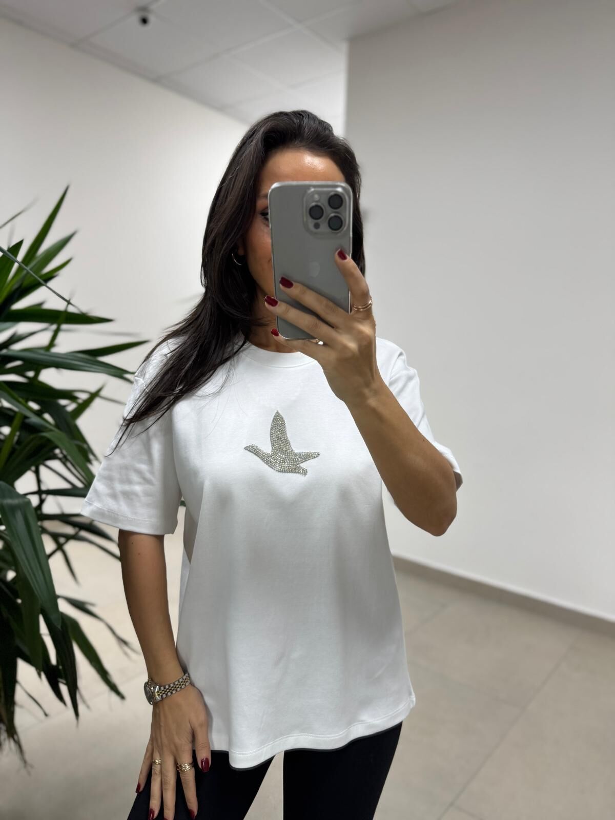 Ml 54739 Bisiklet Yaka Taş Kuş Detaylı Beyaz Tişört