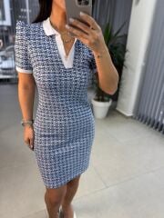 Sg Polo Yaka Jakarlı Baharlık Mavi Triko Elbise