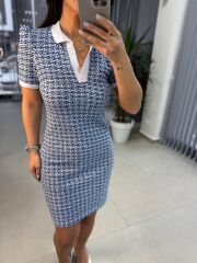 Sg Polo Yaka Jakarlı Baharlık Mavi Triko Elbise