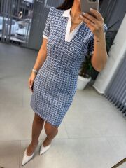 Sg Polo Yaka Jakarlı Baharlık Mavi Triko Elbise