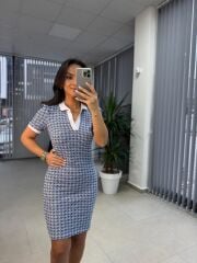 Sg Polo Yaka Jakarlı Baharlık Mavi Triko Elbise