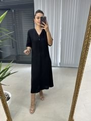 Ms V Yaka Fermuarlı Pamuk Keten Siyah Elbise