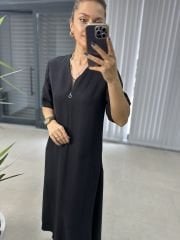 Ms V Yaka Fermuarlı Pamuk Keten Siyah Elbise