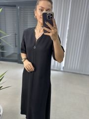Ms V Neck Zippered Cotton Linen Black Dress