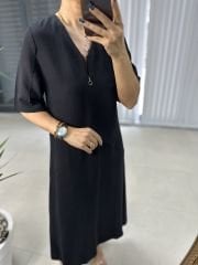 Ms V Neck Zippered Cotton Linen Black Dress