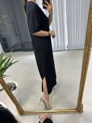 Ms V Yaka Fermuarlı Pamuk Keten Siyah Elbise