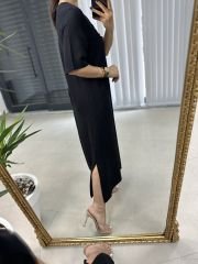Ms V Neck Zippered Cotton Linen Black Dress