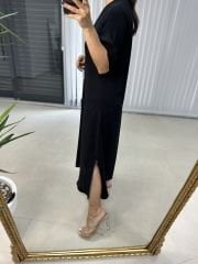 Ms V Yaka Fermuarlı Pamuk Keten Siyah Elbise