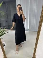 Ms V Yaka Fermuarlı Pamuk Keten Siyah Elbise