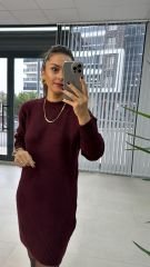 Bisiklet yaka bordo tunik elbise