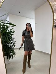 Mc 5923 Haki Düğmeli Deri Elbise