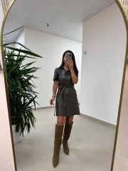 Mc 5923 Haki Düğmeli Deri Elbise