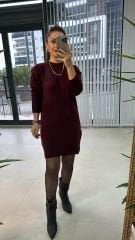 Bisiklet yaka bordo tunik elbise