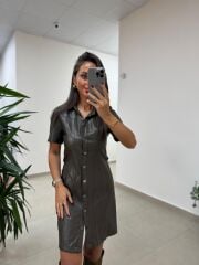 Mc 5923 Haki Düğmeli Deri Elbise