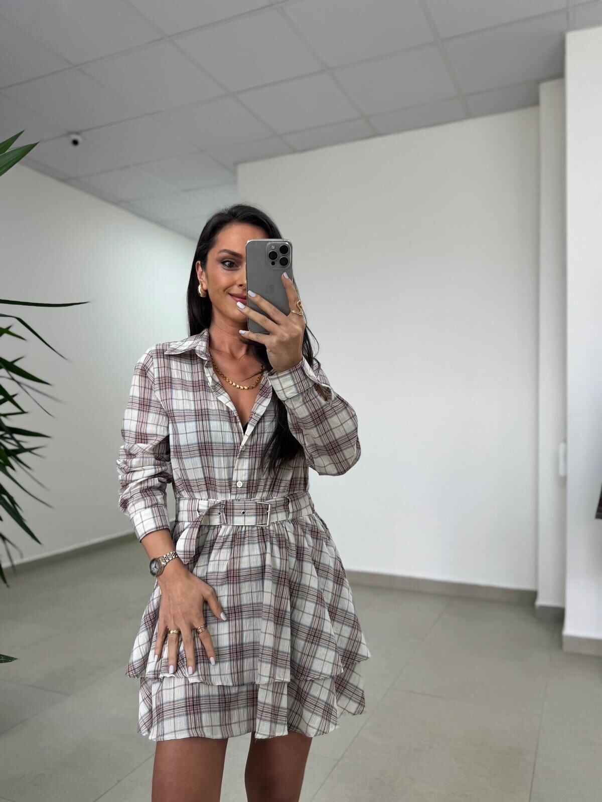 Rn 35556 Bel Detaylı Müslin Mini Bej Elbise