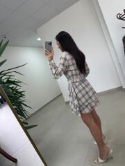 Ry 35556 Bel Detaylı Müslin Mini Bej Elbise