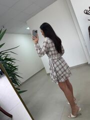 Rn 35556 Bel Detaylı Müslin Mini Bej Elbise