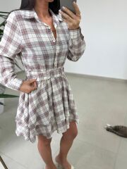 Rn 35556 Bel Detaylı Müslin Mini Bej Elbise