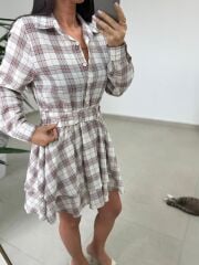 Rn 35556 Bel Detaylı Müslin Mini Bej Elbise