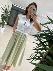 Ms 08 Mint/Beyaz Gömlek Yaka Poplin Midi Elbise