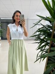 Ms 08 Mint/Beyaz Gömlek Yaka Poplin Midi Elbise