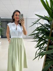 Ms 08 Mint/Beyaz Gömlek Yaka Poplin Midi Elbise
