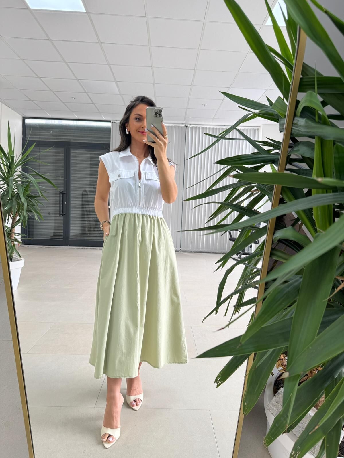 Ms 08 Mint/Beyaz Gömlek Yaka Poplin Midi Elbise