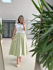 Ms 08 Mint/Beyaz Gömlek Yaka Poplin Midi Elbise