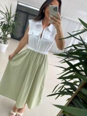 Ms 08 Mint/Beyaz Gömlek Yaka Poplin Midi Elbise
