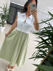 Ms 08 Mint/Beyaz Gömlek Yaka Poplin Midi Elbise