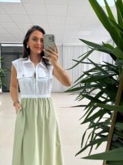 Ms 08 Mint/Beyaz Gömlek Yaka Poplin Midi Elbise