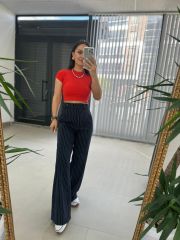 Gk Çizgili Yan Düğme Detaylı Laci Pantolon