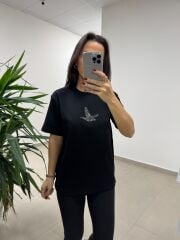 Ml 54739 Bisiklet Yaka Taş Kuş Detaylı Siyah Tişört