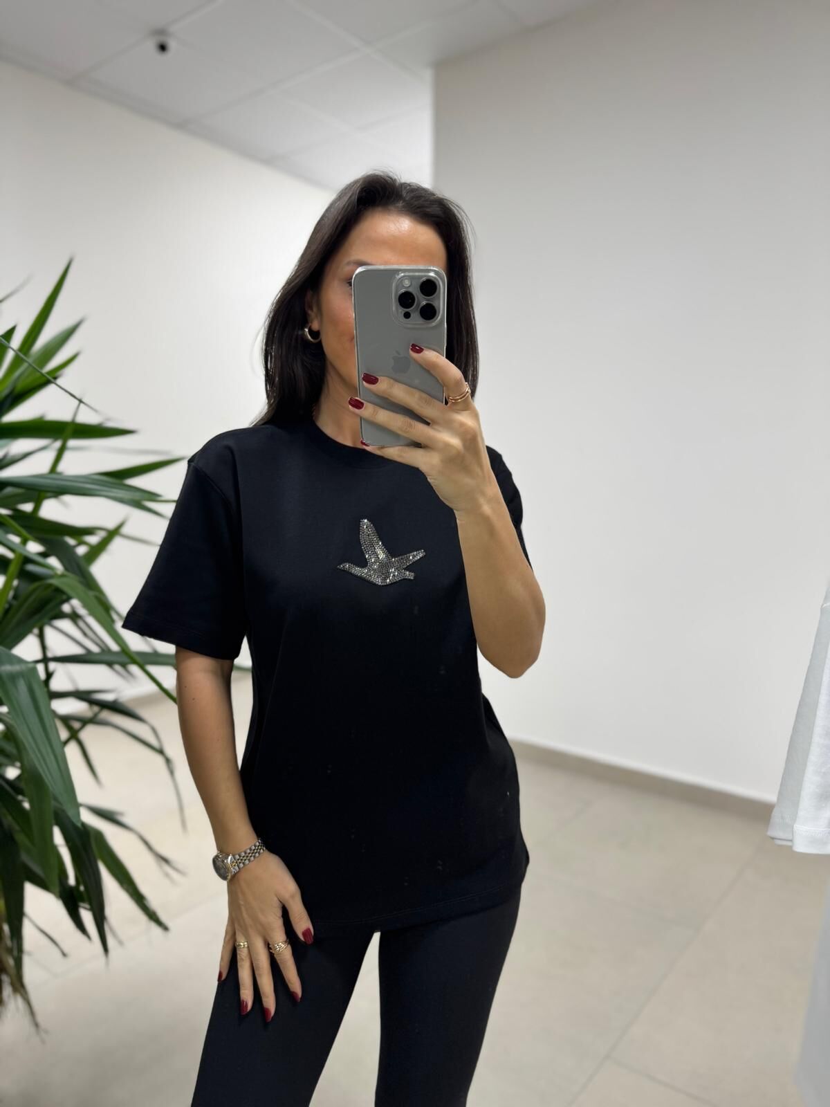 Ml 54739 Bisiklet Yaka Taş Kuş Detaylı Siyah Tişört