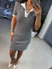 Sg Polo Yaka Jakarlı Baharlık Siyah Triko Elbise