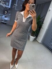 Sg Polo Yaka Jakarlı Baharlık Siyah Triko Elbise