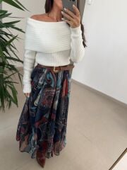 MN Kendinden Kemerli Renkli Midi Etek