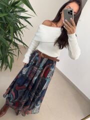 MN Kendinden Kemerli Renkli Midi Etek