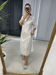 Damen Kleid aus Baumwollleinen mit V-Ausschnitt und Reißverschluss in Steinoptik
