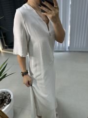 Damen Kleid aus Baumwollleinen mit V-Ausschnitt und Reißverschluss in Steinoptik