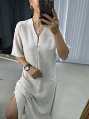 Damen Kleid aus Baumwollleinen mit V-Ausschnitt und Reißverschluss in Steinoptik